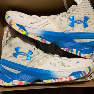 Under Armour White & Blue Basketball Shoes with Multicolor Outsole
